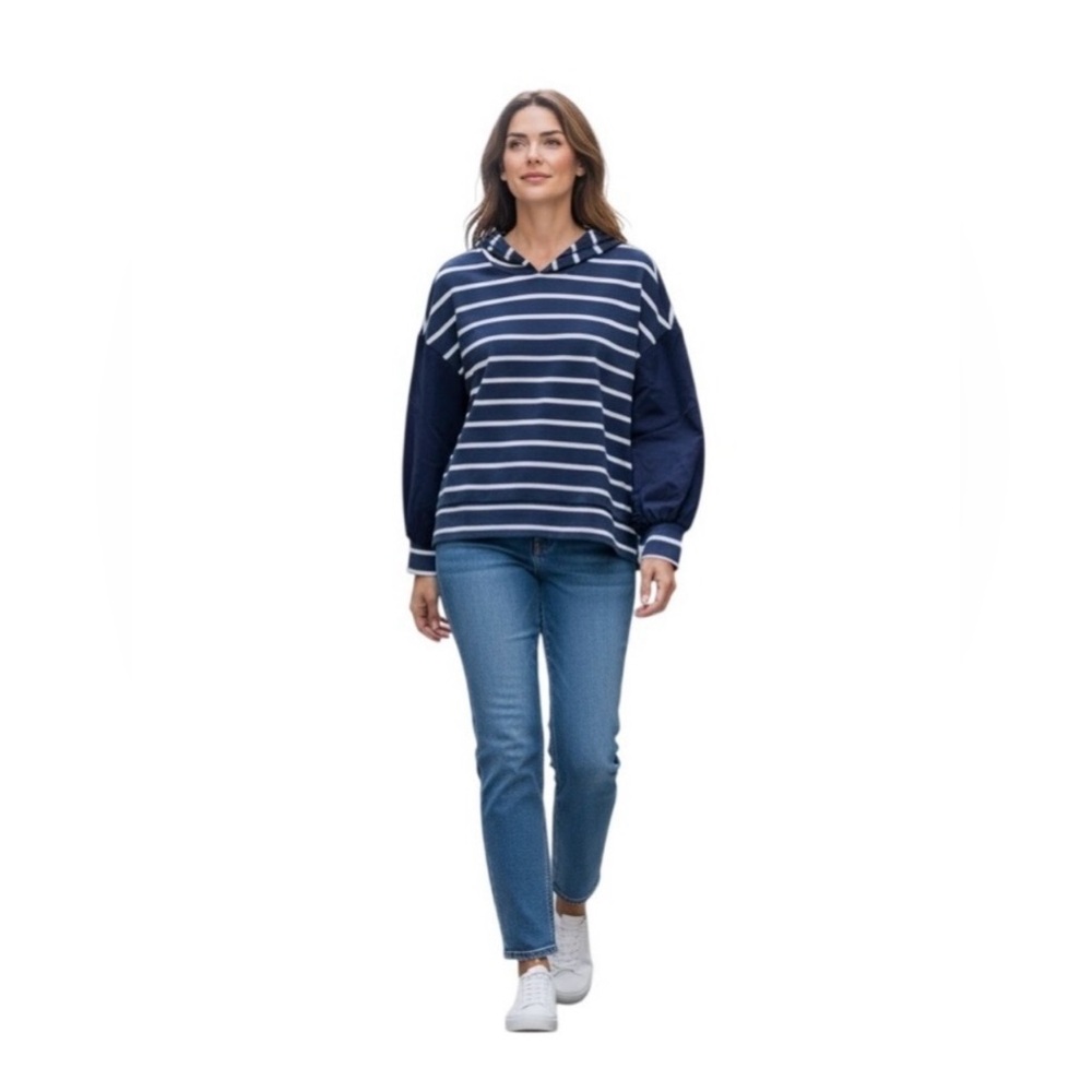 CHASER NWT Pullover Long Sleeve Hoodie Sweatshirt Navy & White Striped, Size Med